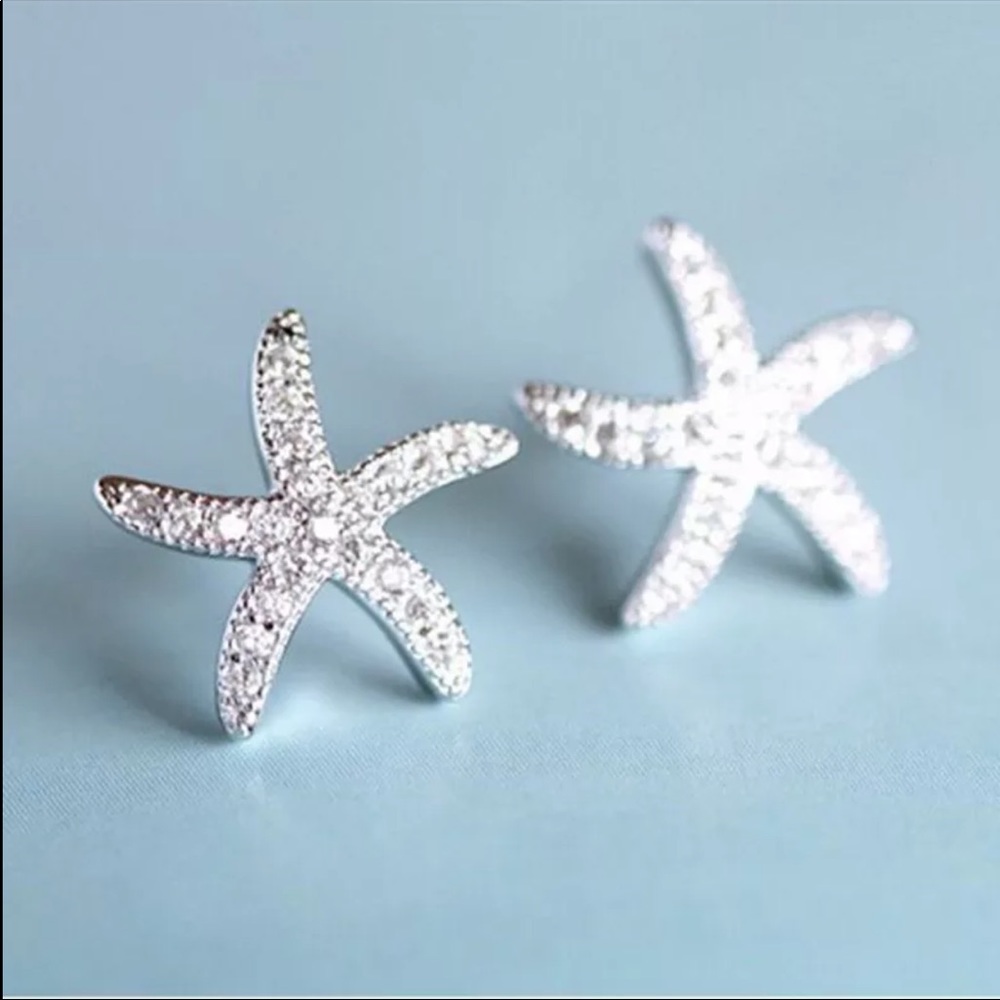 New 925 Silver Cute Starfish Diamond Stud Earrings - Picture 4 of 6